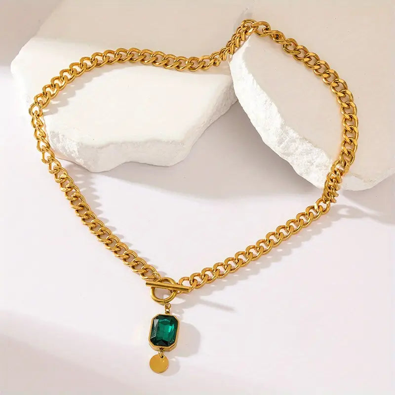 Collar con colgante de cadena gruesa y esmeralda | Oro