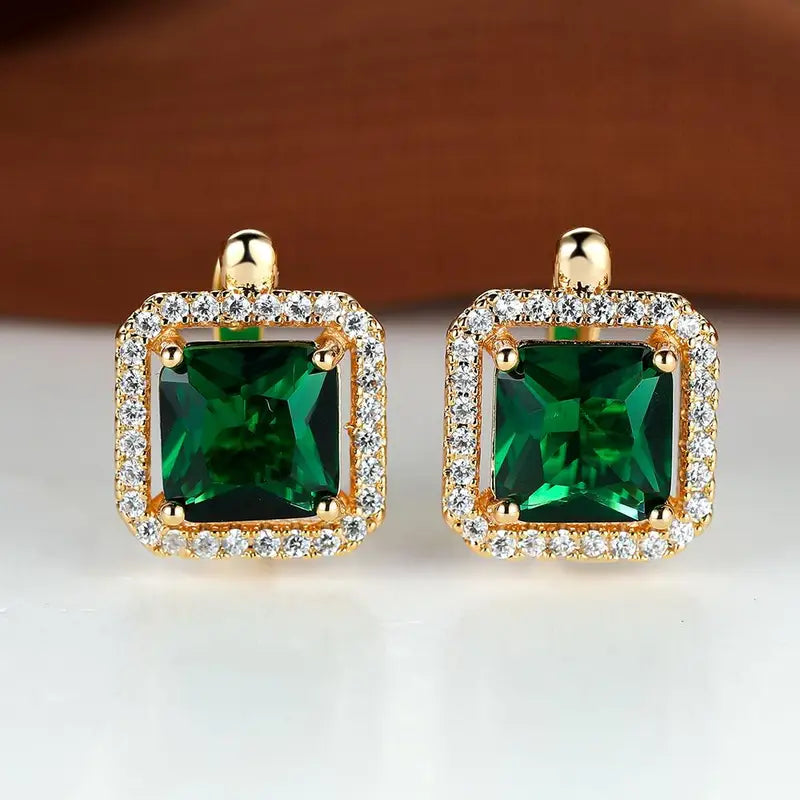 Pendientes con circonitas cuadradas verde dorado | Oro