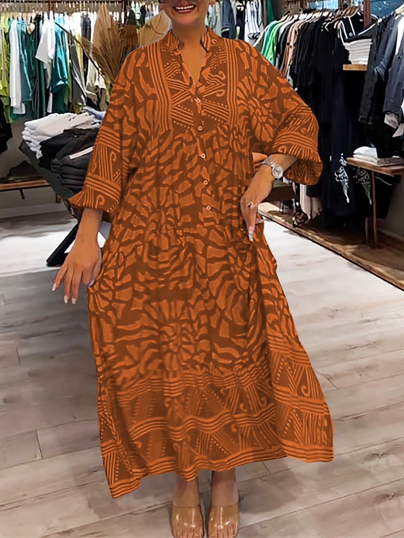Elka | Vestido Suelto Estampado con Escote en V de Mujer