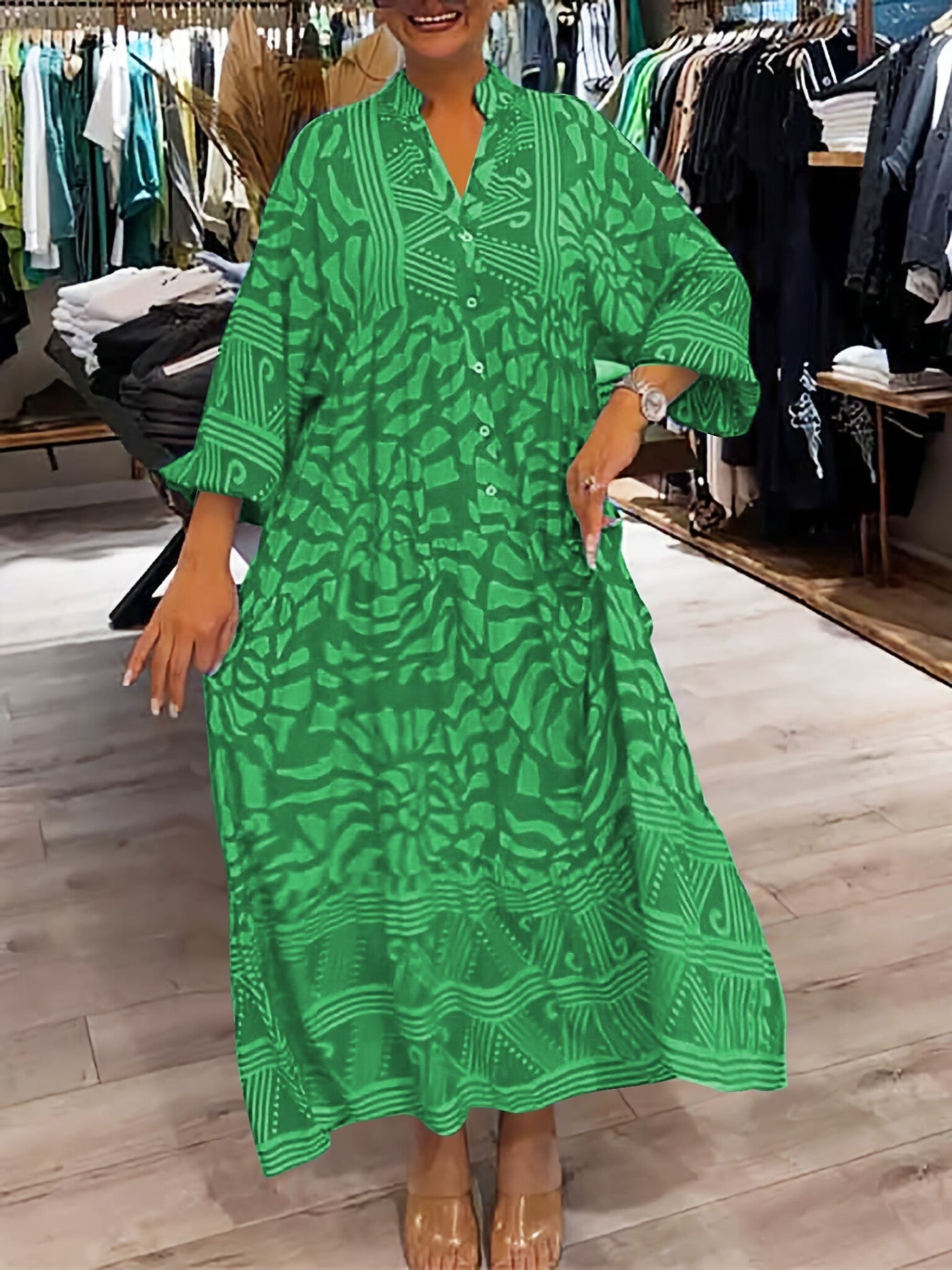 Elka | Vestido Suelto Estampado con Escote en V de Mujer