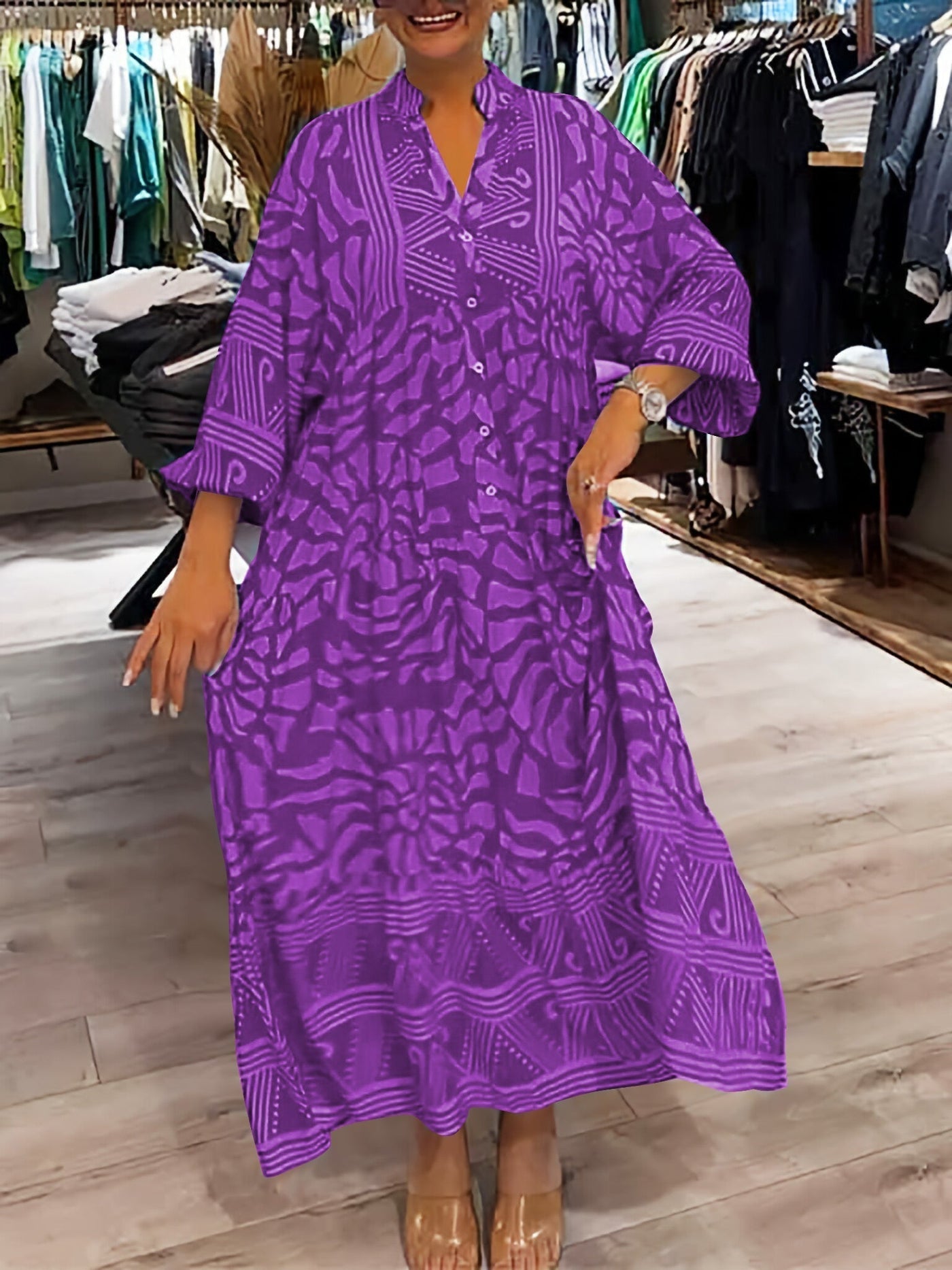 Elka | Vestido Suelto Estampado con Escote en V de Mujer
