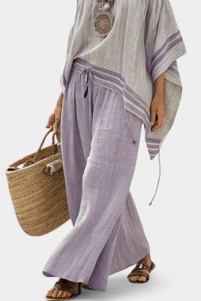 Isadora | Conjunto de Bambú-Lino a Rayas con Blusa Off-Shoulder