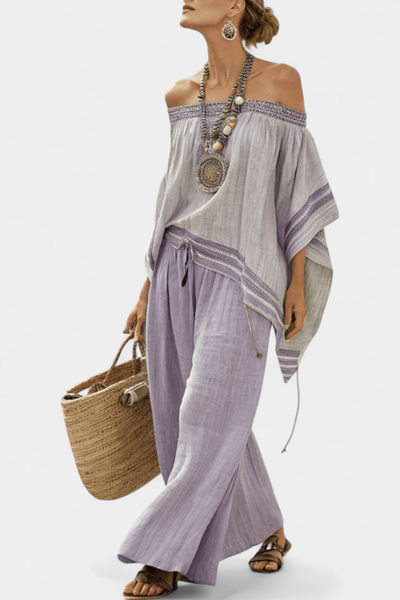 Isadora | Conjunto de Bambú-Lino a Rayas con Blusa Off-Shoulder