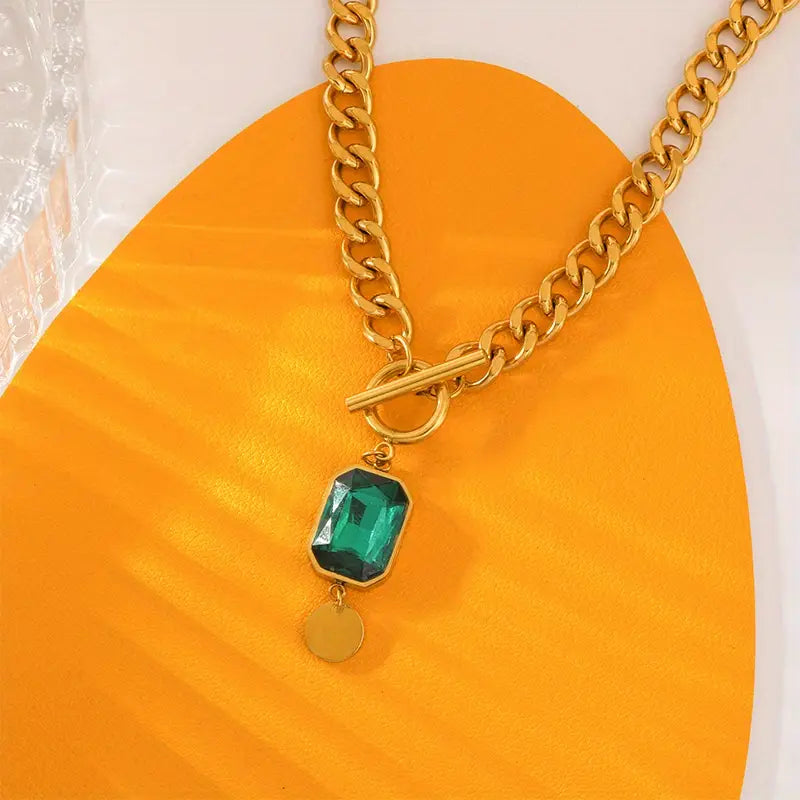 Collar con colgante de cadena gruesa y esmeralda | Oro