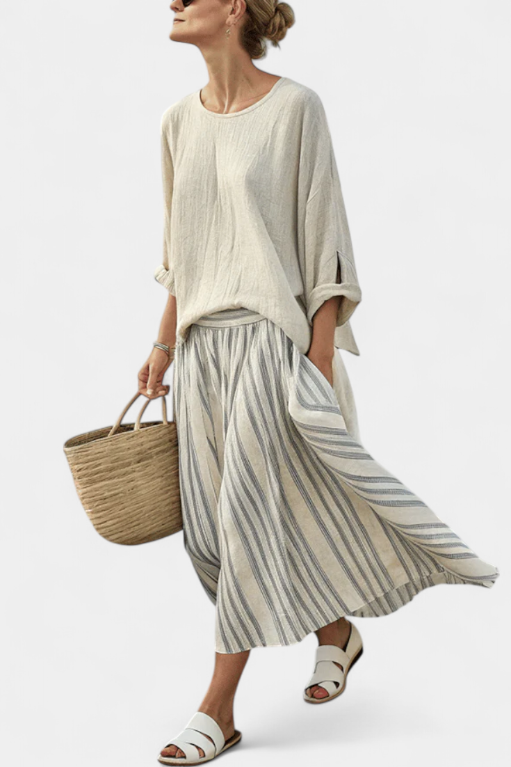 Elisabetta | Conjunto de blusa oversize y falda midi a rayas