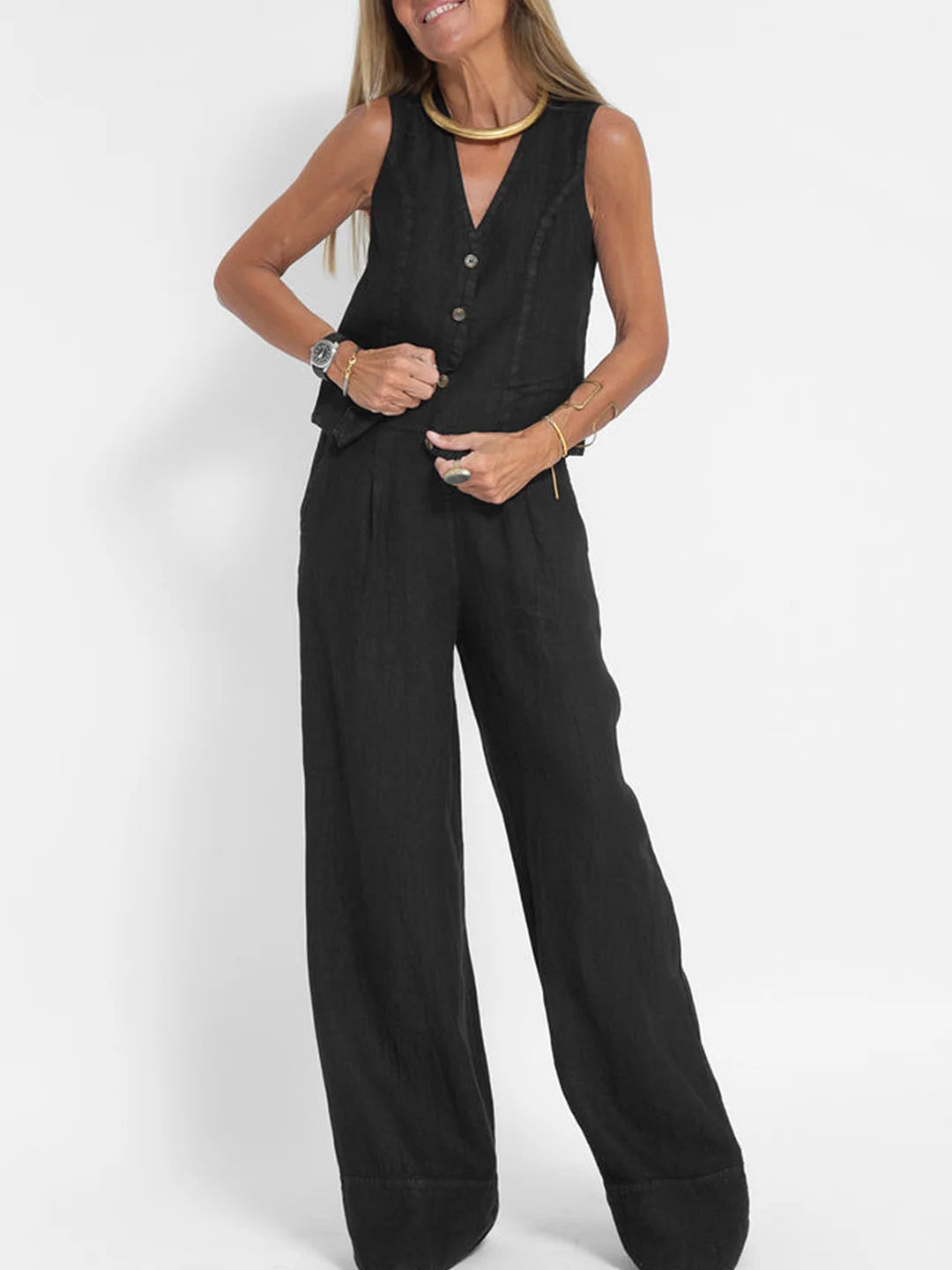 Aira | Chaleco Abotonado y Conjunto de Pantalón de Pierna Ancha
