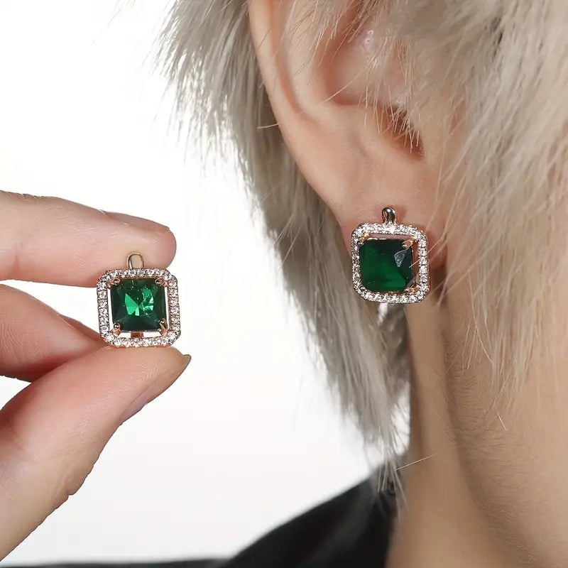 Pendientes con circonitas cuadradas verde dorado | Oro