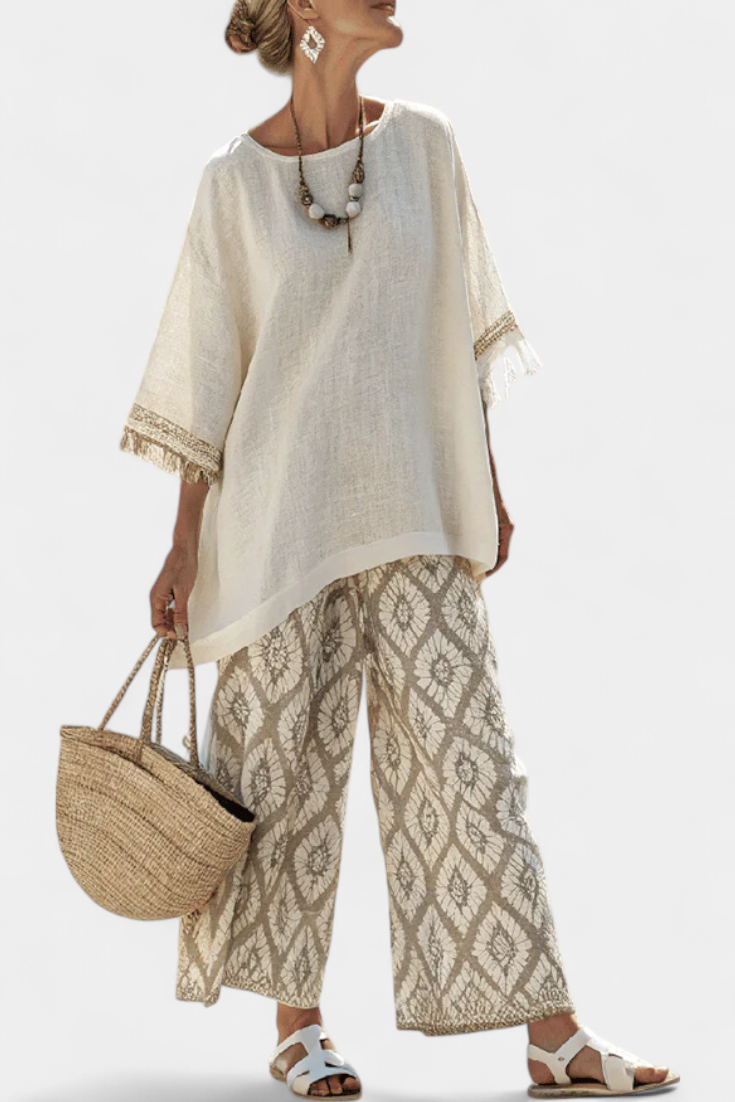 Beatrice | Conjunto Boho Chic de Blusa Oversized y Pantalón Estampado
