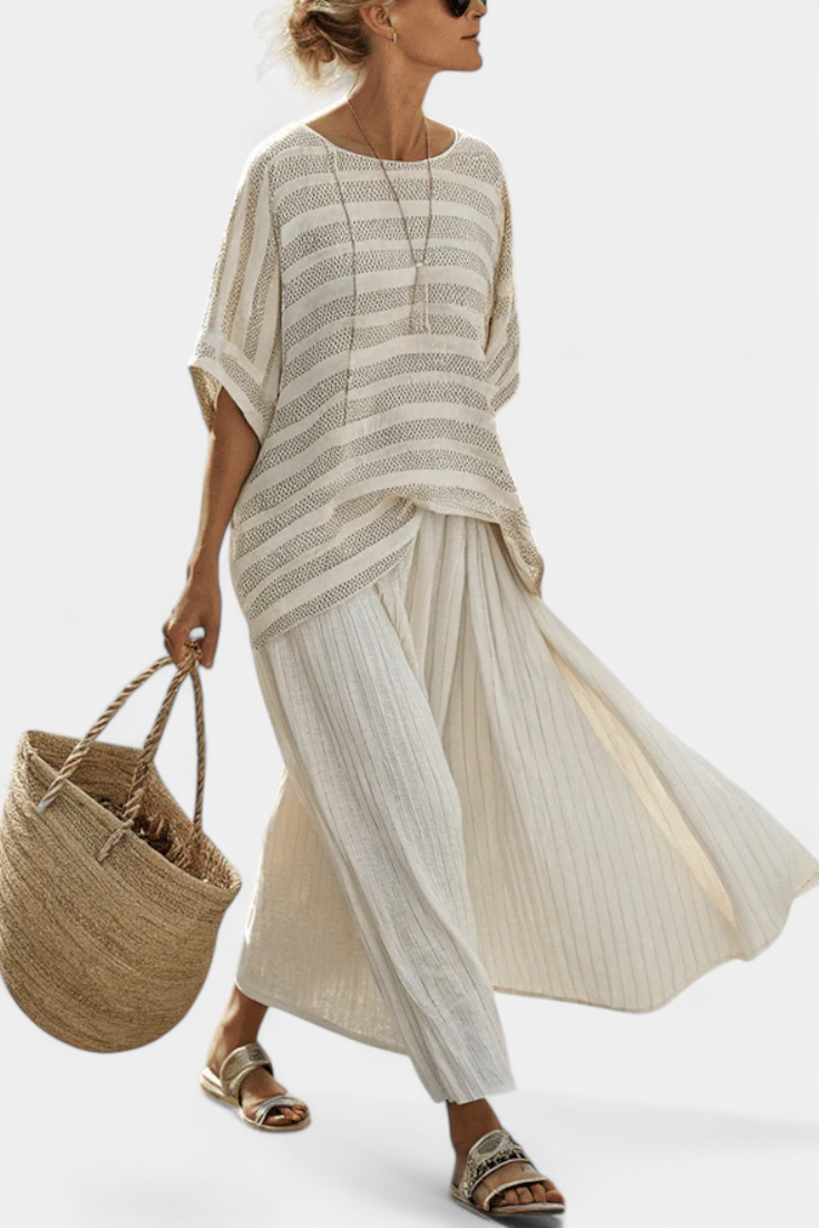 Mirella | Conjunto de Blusa a Rayas y Pantalón Fluido de Bambú-Lino