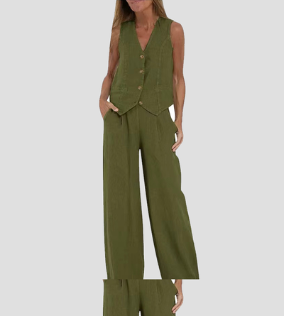 Aira | Chaleco Abotonado y Conjunto de Pantalón de Pierna Ancha