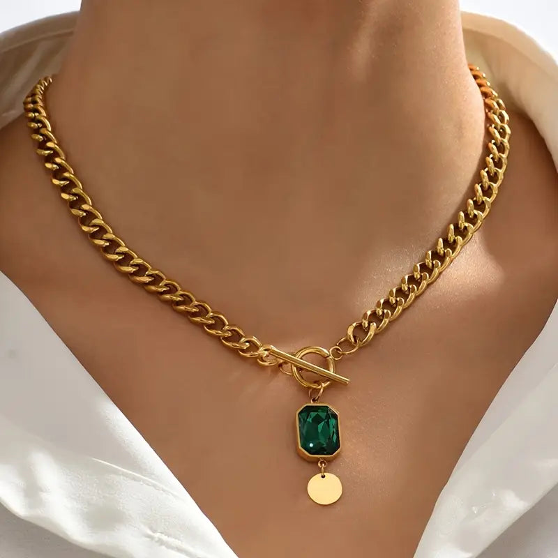 Collar con colgante de cadena gruesa y esmeralda | Oro