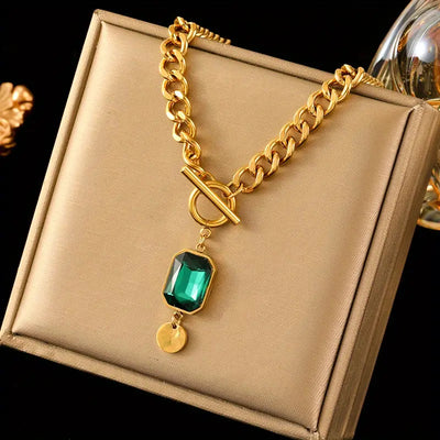 Collar con colgante de cadena gruesa y esmeralda | Oro