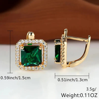 Pendientes con circonitas cuadradas verde dorado | Oro