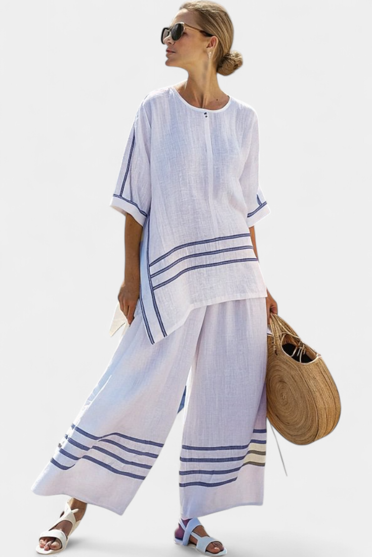 Fiorella | Conjunto de Lino a Rayas con Pantalón de Pierna Ancha