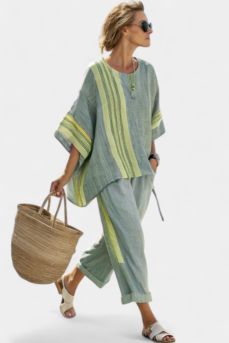 Letizia | Conjunto de Bambú-Lino a Rayas en Lavanda y Amarillo