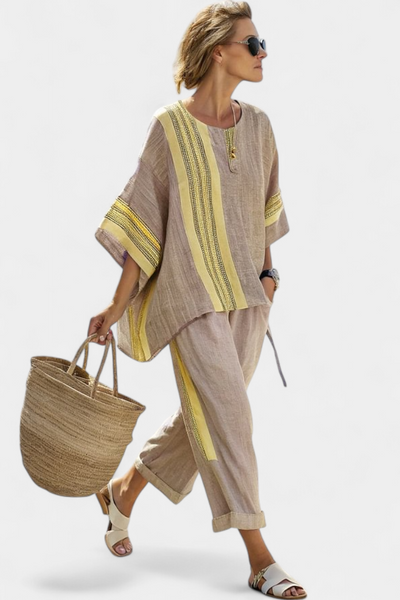 Letizia | Conjunto de Bambú-Lino a Rayas en Lavanda y Amarillo