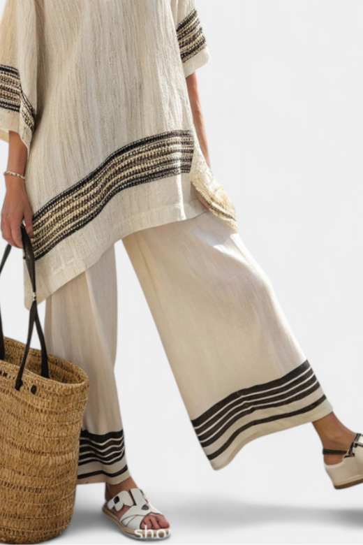 Lucia | Conjunto Mediterráneo de Bambú-Lino con Rayas en Contraste