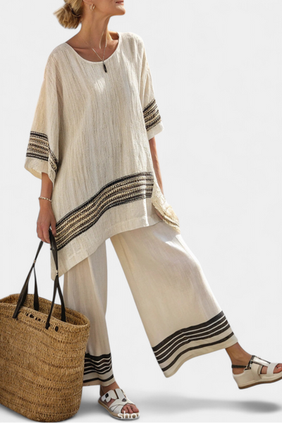 Lucia | Conjunto Mediterráneo de Bambú-Lino con Rayas en Contraste