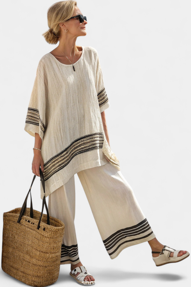 Lucia | Conjunto Mediterráneo de Bambú-Lino con Rayas en Contraste