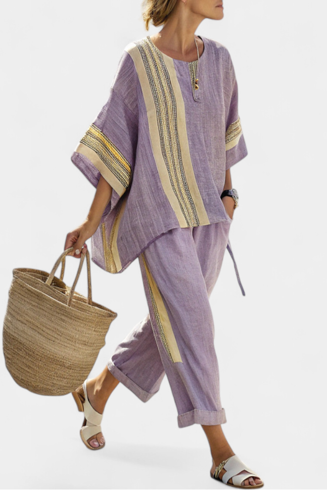 Letizia | Conjunto de Bambú-Lino a Rayas en Lavanda y Amarillo