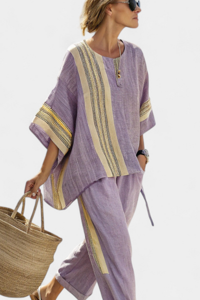 Letizia | Conjunto de Bambú-Lino a Rayas en Lavanda y Amarillo