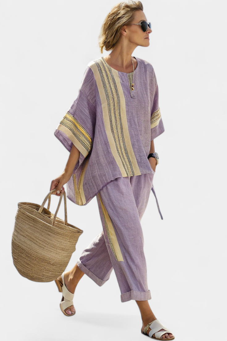 Letizia | Conjunto de Bambú-Lino a Rayas en Lavanda y Amarillo