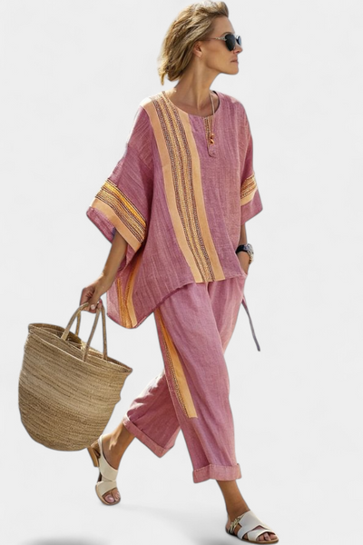 Letizia | Conjunto de Bambú-Lino a Rayas en Lavanda y Amarillo