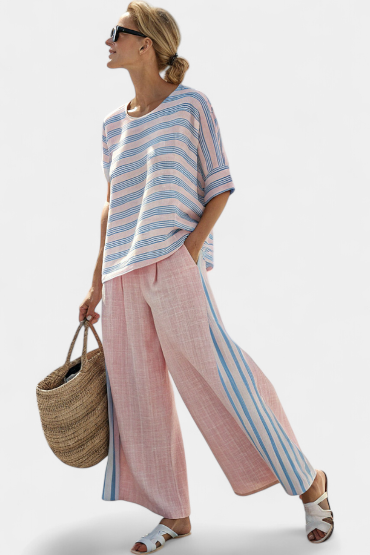 Chiara | Conjunto de Bambú-Lino en Rosa Pastel y Azul