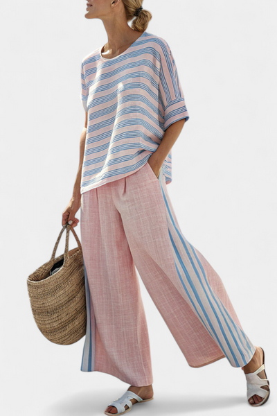 Chiara | Conjunto de Bambú-Lino en Rosa Pastel y Azul