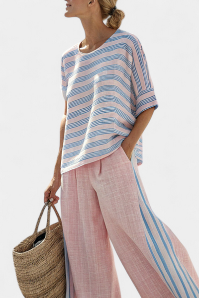 Chiara | Conjunto de Bambú-Lino en Rosa Pastel y Azul