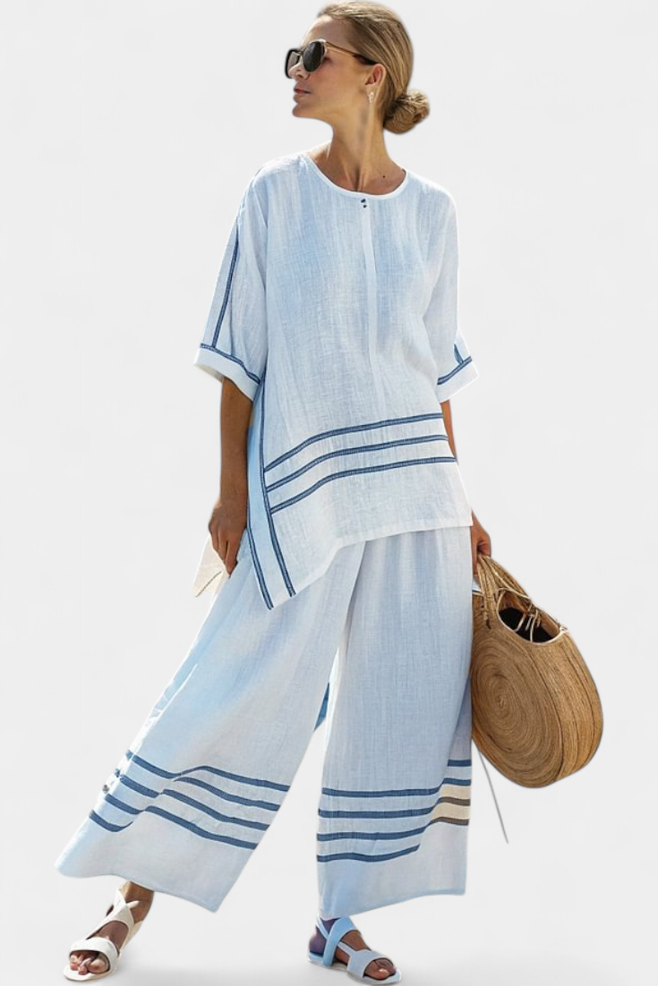 Fiorella | Conjunto de Lino a Rayas con Pantalón de Pierna Ancha