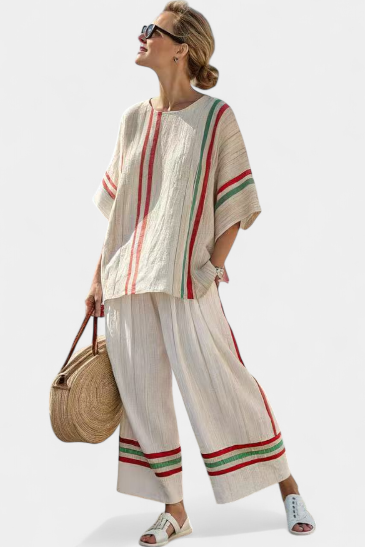 Alessia | Conjunto Mediterráneo de Bambú-Lino con Rayas Rojas y Verdes