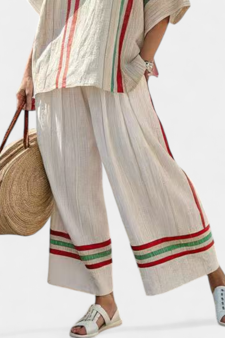 Alessia | Conjunto Mediterráneo de Bambú-Lino con Rayas Rojas y Verdes