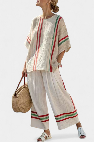 Alessia | Conjunto Mediterráneo de Bambú-Lino con Rayas Rojas y Verdes