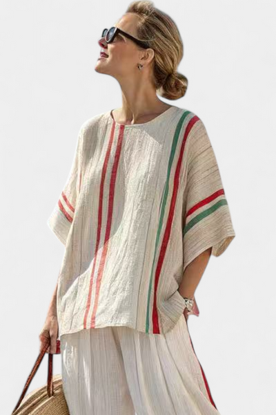 Alessia | Conjunto Mediterráneo de Bambú-Lino con Rayas Rojas y Verdes