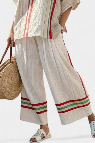 Alessia | Conjunto Mediterráneo de Bambú-Lino con Rayas Rojas y Verdes