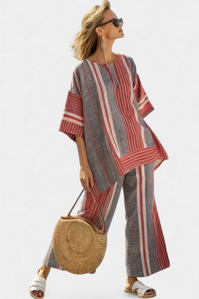 Marcella | Conjunto de Lino a Rayas en Coral y Gris