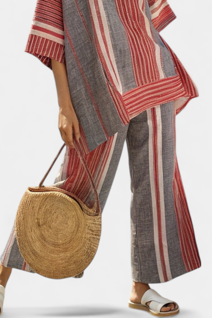 Marcella | Conjunto de Lino a Rayas en Coral y Gris