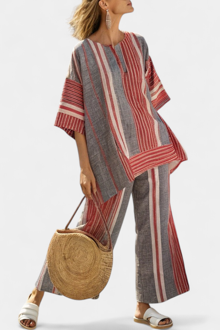 Marcella | Conjunto de Lino a Rayas en Coral y Gris
