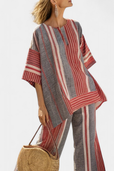 Marcella | Conjunto de Lino a Rayas en Coral y Gris