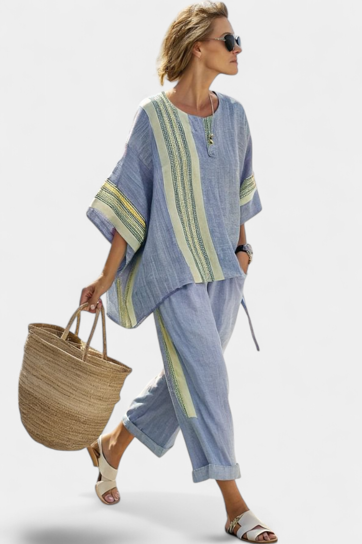 Letizia | Conjunto de Bambú-Lino a Rayas en Lavanda y Amarillo