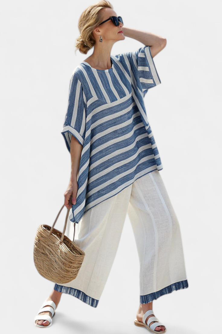 Donatella | Conjunto de Lino a Rayas Azules