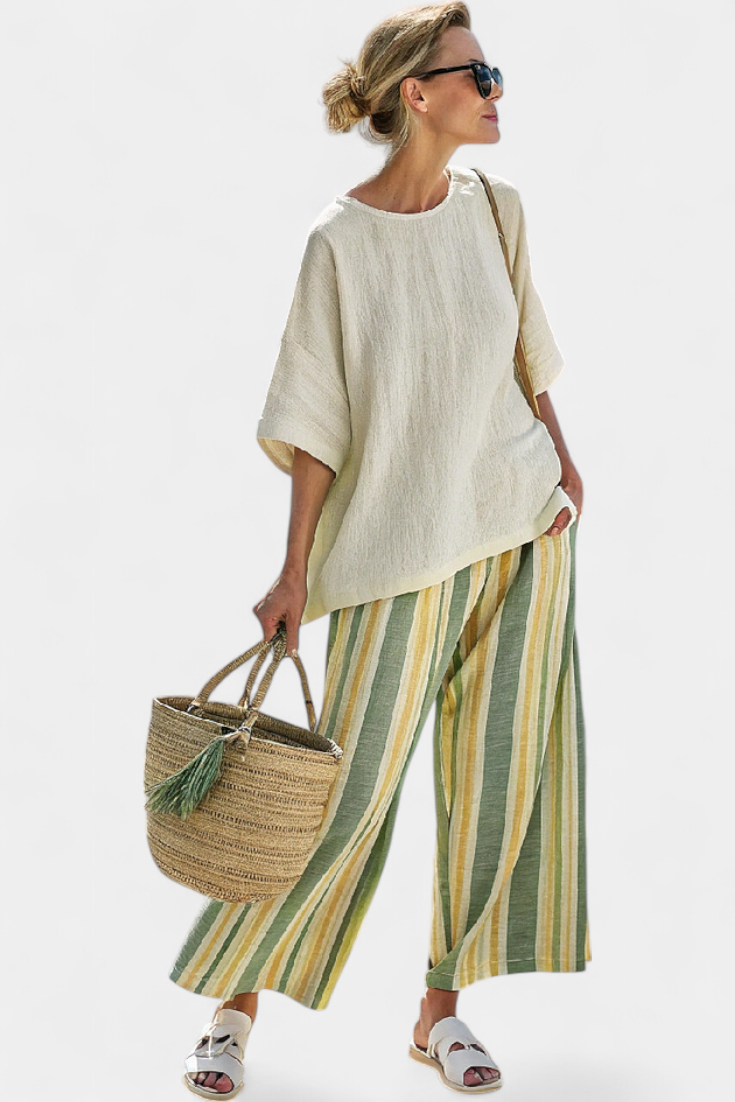 Valentina | Conjunto de Bambú-Lino a Rayas en Verde Oliva