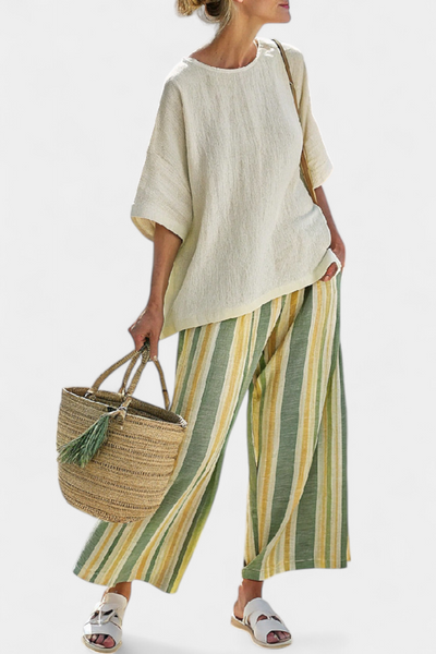 Valentina | Conjunto de Bambú-Lino a Rayas en Verde Oliva