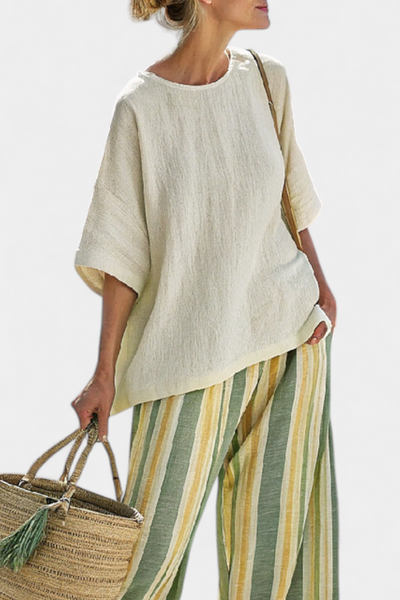 Valentina | Conjunto de Bambú-Lino a Rayas en Verde Oliva