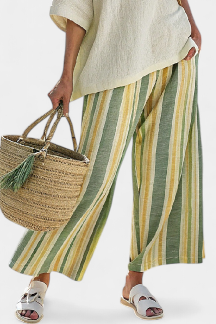 Valentina | Conjunto de Bambú-Lino a Rayas en Verde Oliva