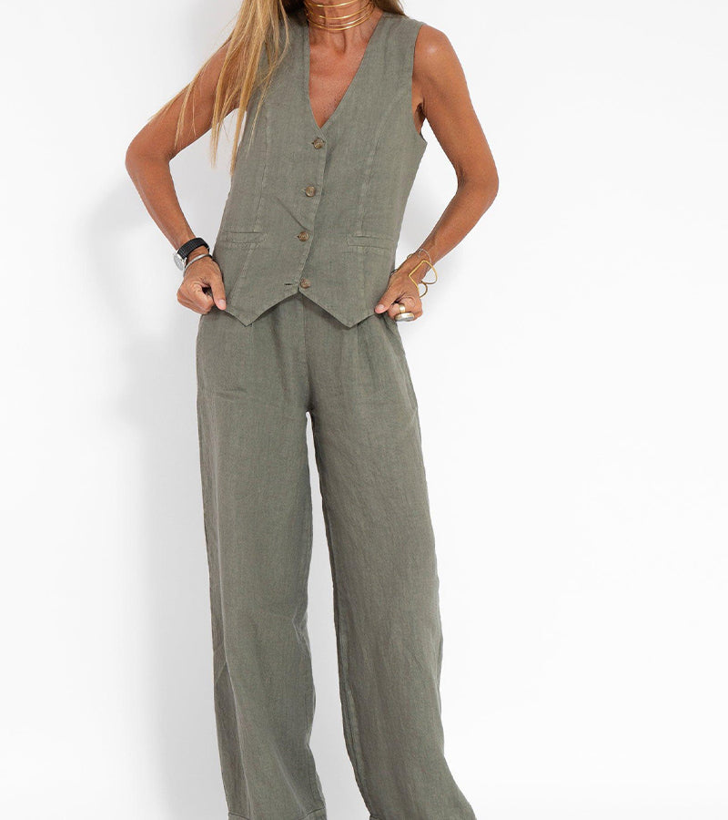 Aira | Chaleco Abotonado y Conjunto de Pantalón de Pierna Ancha