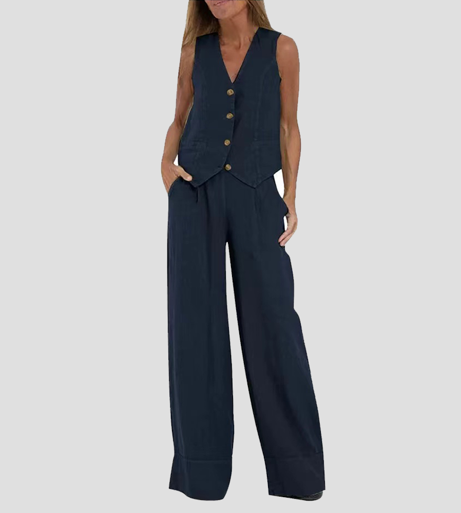 Aira | Chaleco Abotonado y Conjunto de Pantalón de Pierna Ancha