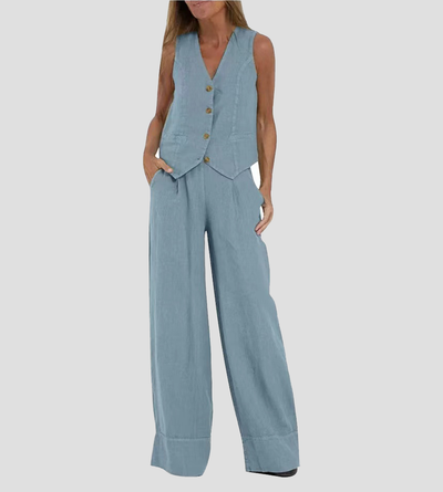 Aira | Chaleco Abotonado y Conjunto de Pantalón de Pierna Ancha