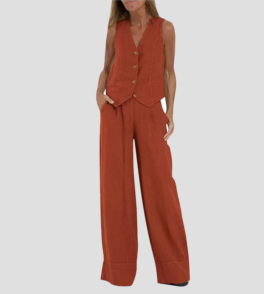 Aira | Chaleco Abotonado y Conjunto de Pantalón de Pierna Ancha